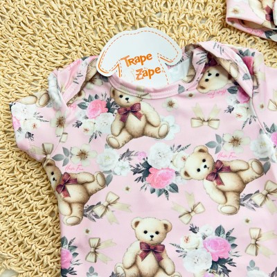 Conj. Body, Faixinha de Cabelo e Shorts Ursinhos em Malha Térmica - Rosa